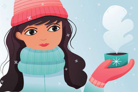 Vector illustration of winter girl with cup of cocoaのイラスト素材