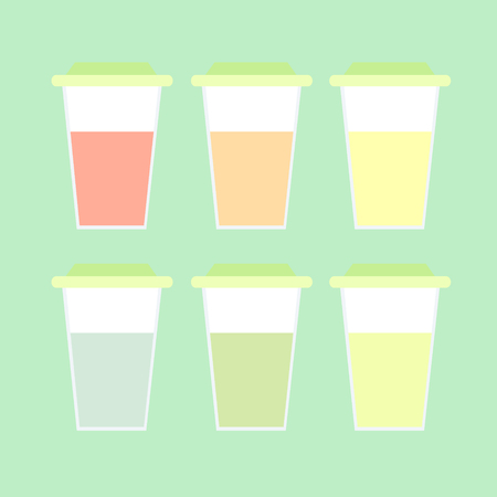 A set of translucent closed glasses with colorful lemonade. The drink for summer walks and picnicsのイラスト素材