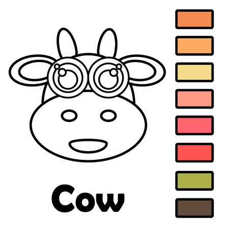 Coloring book for little kids with animals - a cow. With a palette of colors ready to be used when drawing.のイラスト素材