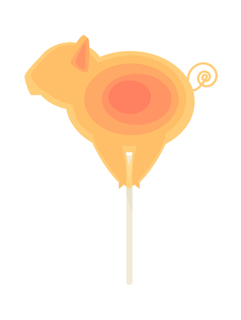 Caramel candy on a stick in the form of pig. Delicious sweet snack for kids.のイラスト素材