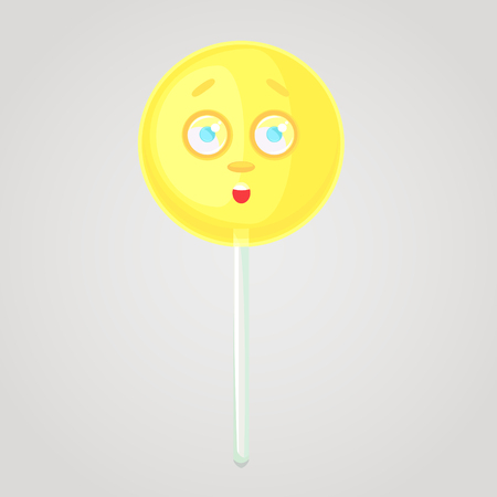 Yellow candy is an emotional icon, voluminous with a face, on a stick. Round caramel. Scared, fear in the eyes, afraid. Sweet food. Cartoon style. Object isolated on a gradient background.のイラスト素材