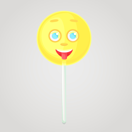 Yellow candy is an emotional icon, voluminous with a face, on a stick. Round caramel. Shows the language. Sweet food. Cartoon style. Object isolated on a gradient background.のイラスト素材