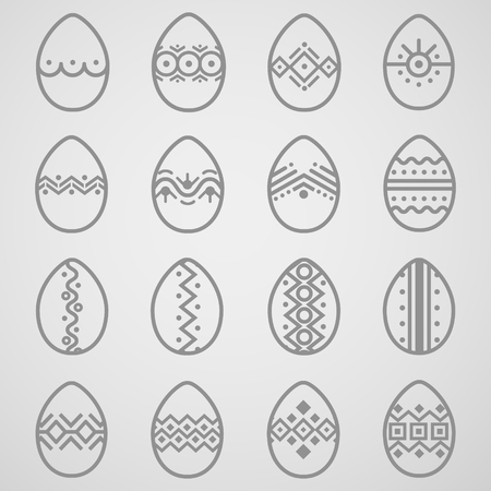 Set of easter eggs icon, flat with geometric patterns isolated on a gradient gray background, linear vector. Gray lines and points. Spring holiday.のイラスト素材