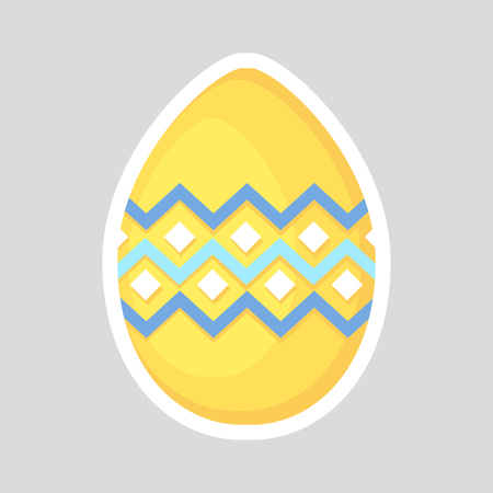 Easter yellow egg icon isolated on a gray background. Volumetric with a white outline, with colored contrasting ornament of  zig zag line and rhombus. Vector Illustration. Spring holiday.のイラスト素材