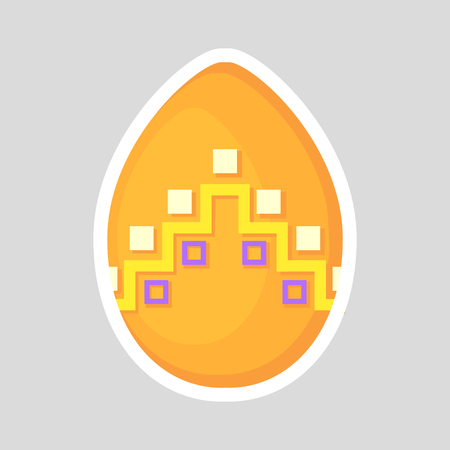 Easter orange egg icon isolated on a gray background. Volumetric with a white outline, with colored contrasting ornament of rectangles and zig zag line. Vector Illustration. Spring holiday.のイラスト素材
