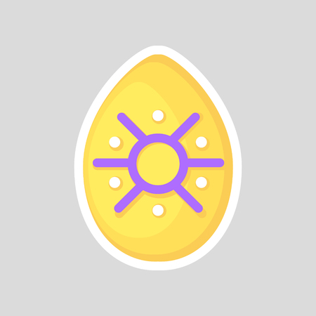 Easter yellow egg isolated on a gray background. Volumetric with a white outline, with colored contrasting ornament of geometric line and points. Vector Illustration. Spring holiday.のイラスト素材