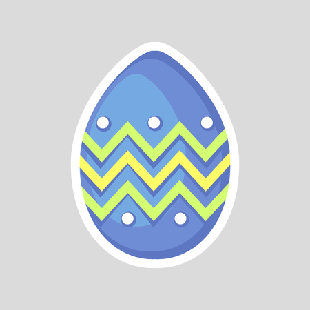 Easter blue egg isolated on a gray background. Volumetric with a white outline, with a colored contrasting ornament of zig zag and dots.のイラスト素材