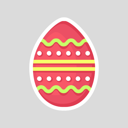 Easter pink egg isolated on a gray background. Volumetric with a white outline, with a colored contrast ornament of a segment and dots, smooth zig zag.のイラスト素材