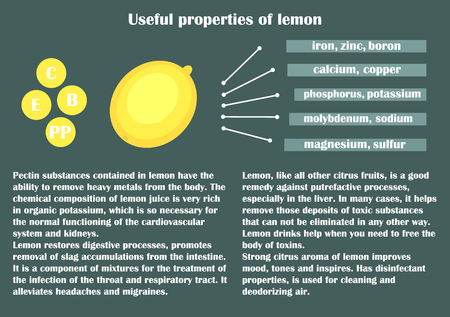 Infographic about the beneficial properties of lemon. One-piece flat lemon
 and text are isolated on a dark background. Helpful information. Vector Illustration.のイラスト素材