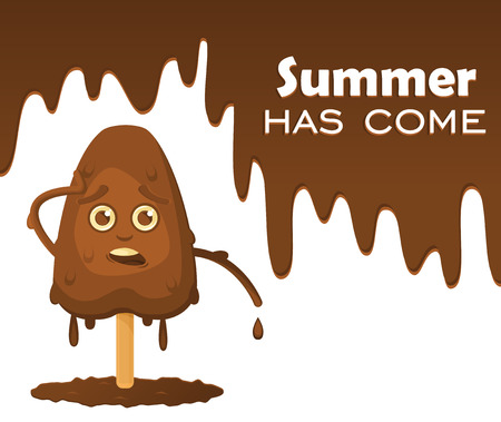 Melting chocolate ice cream on a stick with emotions. Melting chocolate with drops, text on the object "Summer has come".のイラスト素材