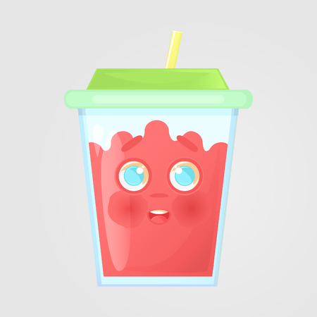 A glass of juice with a lid and a straw. Summer drink. Emotional icon, modest, embarrassed, red cheeks, in love. Pink juice in cartoon style. Vector illustration, isolated on gray background.
のイラスト素材