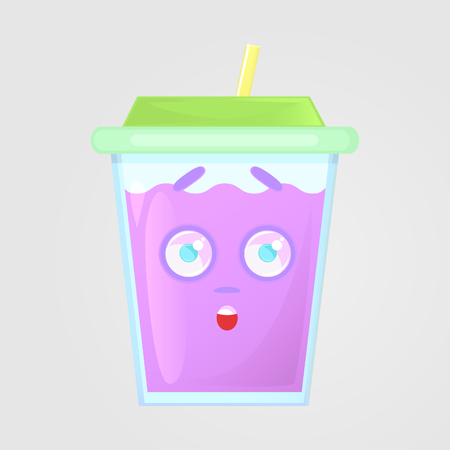 A glass of juice with a lid and a straw. Summer drink. Emotional icon, surprised, shocked, scared. Purple juice in cartoon style. Vector illustration, isolated on gray background.のイラスト素材