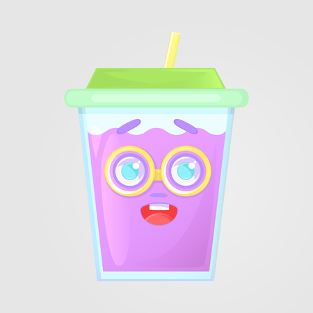 A glass of juice with a lid and a straw. Summer drink. Emotional icon, funny, botanist, in big glasses. Purple juice in cartoon style. Vector illustration, isolated on gray background.
のイラスト素材