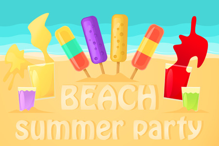 Banner for a beach party. Ice cream and splashes of drinks against the background of sand and sea waves. Bright vector illustration for summer parties.のイラスト素材