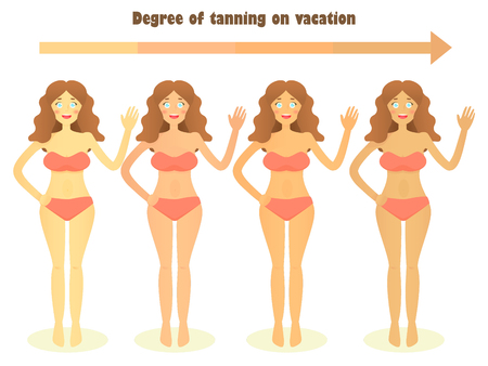 A friendly girl in a swimsuit waving her hand. Scale with the level of tanning on vacation, summer. Vector illustration.
のイラスト素材