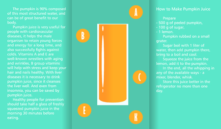 Infographic about the beneficial properties of pumpkin juice and a method of preparing juice.のイラスト素材
