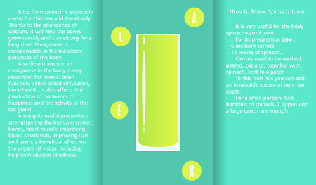 Infographic about the beneficial properties of spinach juice and a method of preparing juice.のイラスト素材