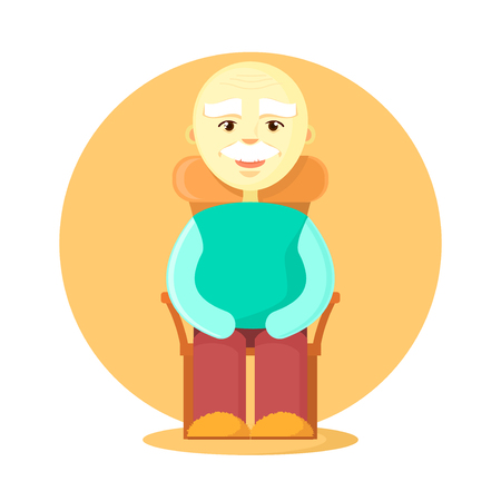An elderly man, a gray-haired pensioner with a mustache, sits in a chair. Resting, cartoon style, flat.のイラスト素材