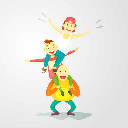 Flat composition, young guys one on one's shoulders, a crazy trick isolatedのイラスト素材