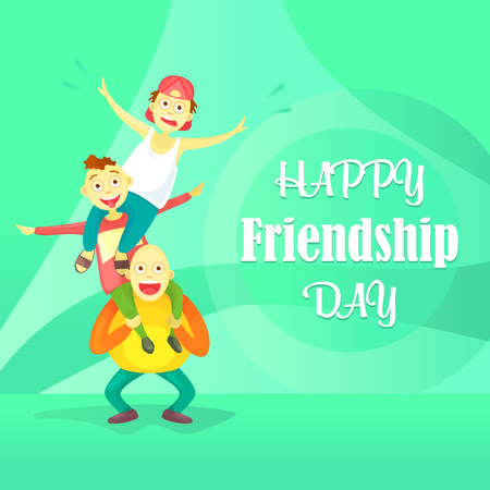 Card to the day of friendship. Flat composition, young guys one on one's shoulders, a crazy trick. Cartoon style.のイラスト素材