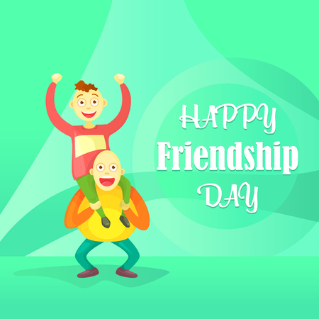 Card to the day of friendship. Flat composition, young guys one on one's shoulders, a crazy trick isolated on  abstract background. Cartoon style.のイラスト素材