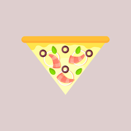 Triangular slice of cheese pizza with olive, basil, onion and shrimp. Seafood. Flat slice, top view, isolated on a gray background.のイラスト素材