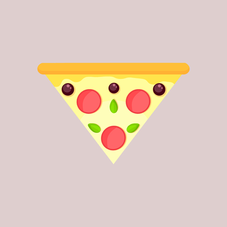 Triangular slice of cheese pizza with olive,basil and pepperoni. Flat slice, top view, isolated on a gray background.のイラスト素材