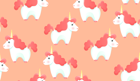 Seamless pattern of unicorns on a pink background. A white unicorn with pink hair and a tail. Cartoon style, vector illustration.のイラスト素材