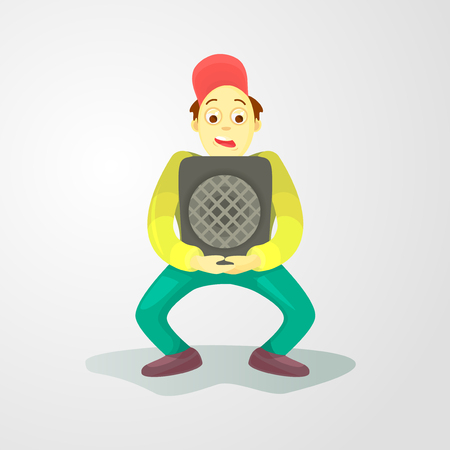A young man in a cap holds a heavy musical column in his hands. Object for parties. Cartoon style, vector illustration.のイラスト素材
