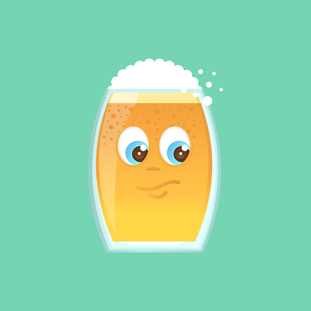 Character glass with beer, foam and bubbles. Emotional icon. Interested, suspects, thinks.のイラスト素材