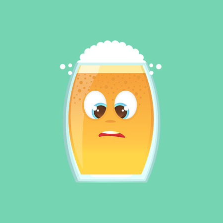 Character glass with beer, foam and bubbles. Ludicrous, funny, awkward looks at his nose, slanting eyes. Emotional icon. Oktoberfest. Stickers for messenger and other communications. Vector illustration in a cartoon style.のイラスト素材