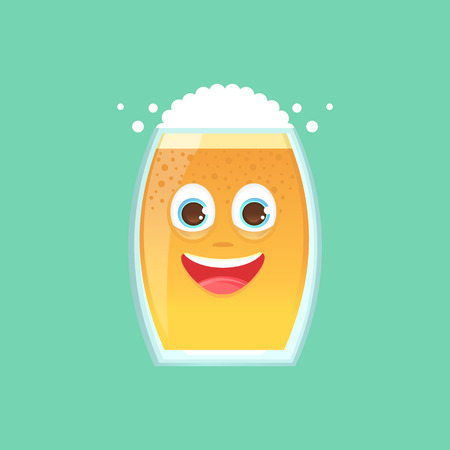 Character glass with beer, foam and bubbles. Emotional icon. Sincerely happy, smiling. Oktoberfest. Stickers for messenger and other communications. Vector illustration in a cartoon style.のイラスト素材