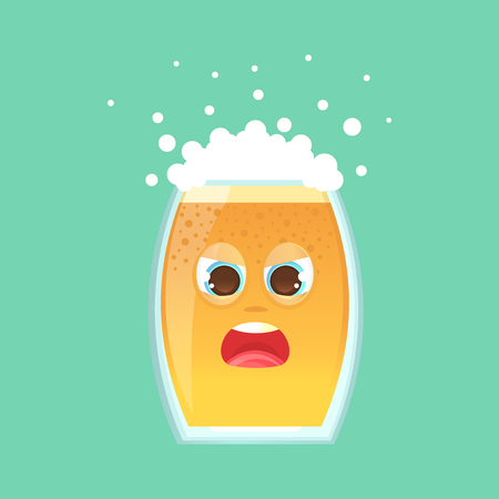 Character glass with beer, foam and bubbles. Emotional icon. His eyes squinted, screaming, in a frenzy, not in himself. Oktoberfest. Stickers for messenger and other communications.のイラスト素材