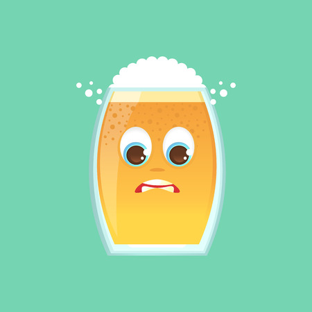 Character glass with beer, foam and bubbles. Emotional icon. In an awkward position, uncomfortable, feeling guilty. Oktoberfest. Stickers for messenger and other communications. Vector illustration.のイラスト素材