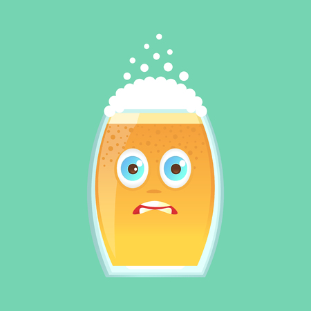 Character glass with beer, foam and bubbles. Emotional icon. He is frightened, with big eyes and small pupils, in horror. Oktoberfest. Stickers for messenger and other communications. Cartoon style.のイラスト素材