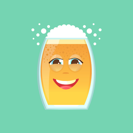 Character glass with beer, foam and bubbles. Emotional icon. Embarrassed smile, in love, dear. To the day of the Oktoberfest. Stickers for messenger and other communications. Cartoon style.のイラスト素材