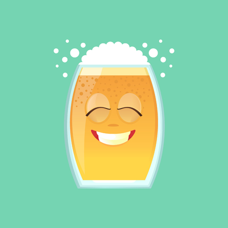 Character glass with beer, foam and bubbles. Emotional icon. He rocks his teeth with his eyes closed, very happy, peaceful.のイラスト素材