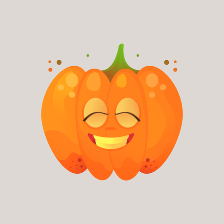 Character cartoon pumpkin. Emotional icon. He rocks his teeth with his eyes closed, very happy, peaceful. To the day of Halloween. Sticker for messengers and other communications.のイラスト素材