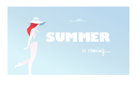 Banner summer is coming, the woman on an abstract background in a swimsuit and hat. Flat composition, card. Graphic vector illustration.のイラスト素材