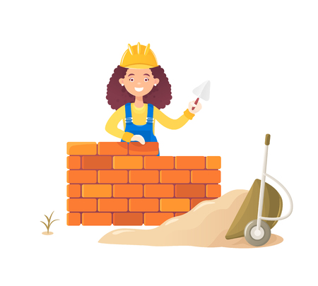 A woman builder with a trowel in her hand. Against a wheelbarrow with scattered sand. Flat composition, isolated on white backgroundのイラスト素材