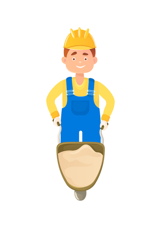 A cheerful man builder carries a wheelbarrow full of sand. A cartoon character, a flat composition. Isolated on white background.のイラスト素材