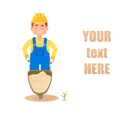 A cheerful man builder carries a wheelbarrow full of sand. A cartoon character, a flat composition. The text for the banner, the card, the day of the builder.のイラスト素材