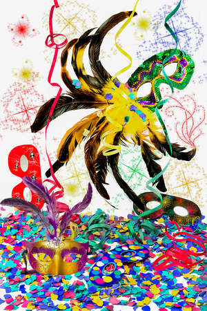 carnival bugle and blue carnival mask over confetti and multi-colored streamers on black backgroundの写真素材