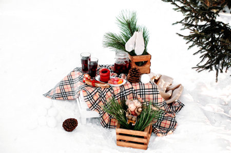 decorated table served for two. Romantic picnic in winter.の写真素材