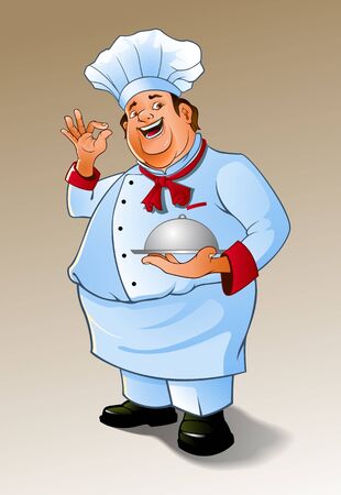 Chef Cartoon illustration perfect okay delicious cook gesture and holding a silver cloche food meal plate platter.のイラスト素材