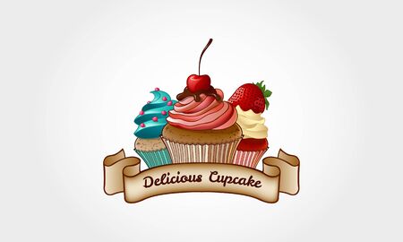 Delicious Cupcake Vector Logo Illustration. Cupcake Bakery Logo Template. Logo templates which can be used for cupcakes shop, cake shop or any others business related.のイラスト素材