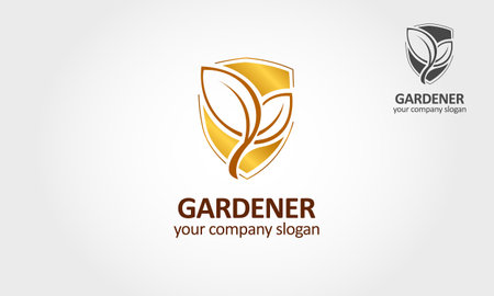 Gardener Vector Logo Template. Illustration of leaves on a gold shield background. This logo be used for landscape, gardening business, but also in fields related to nature.のイラスト素材