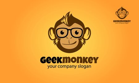 Geek Monkey Logo Cartoon Character. Geek monkey character illustration logo icon vector with orange background.のイラスト素材