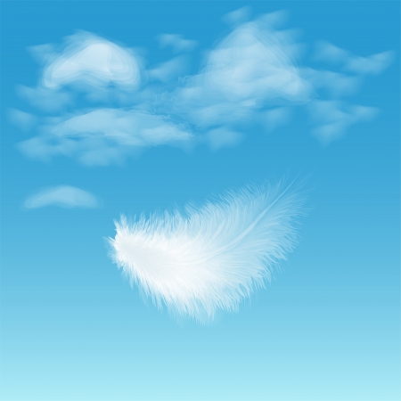 Illustration of white fluffy feather on background of blue sky with cloudsのイラスト素材