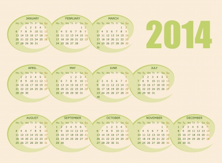 Calendar for 2014 year with light backdrop of green ovalsのイラスト素材